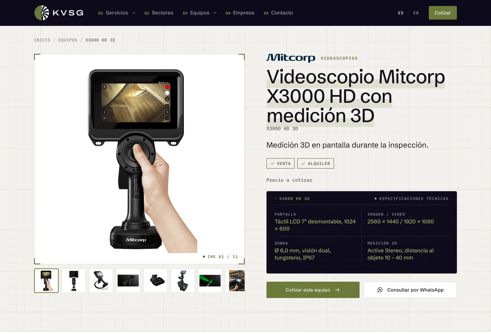 A product page on videoscopiaindustrial.com: photo gallery, specifications and two ways to ask for a quote.